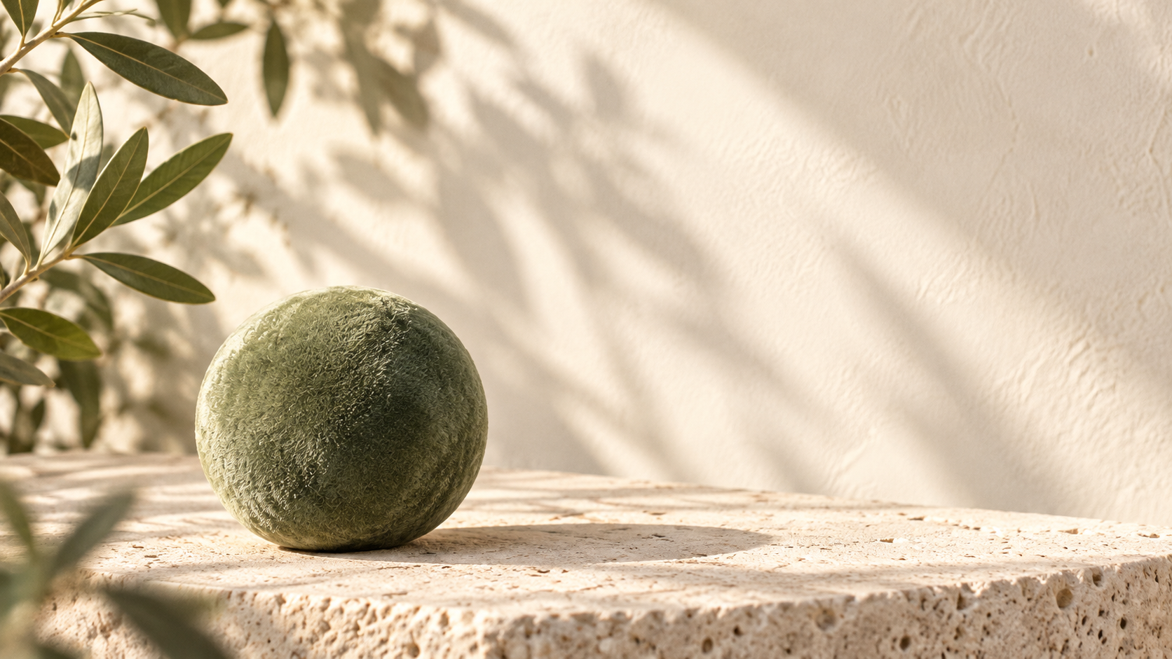 A soft moss-green rounded object resting in warm window light beside olive leaves.