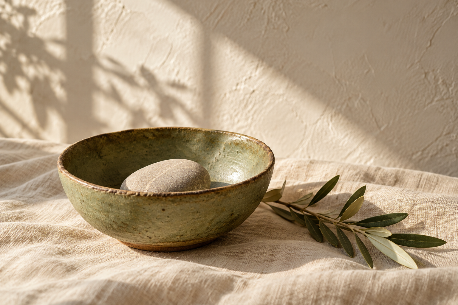 A moss-green ceramic bowl holding a smooth pale stone on cream linen beside olive leaves in gentle window light.