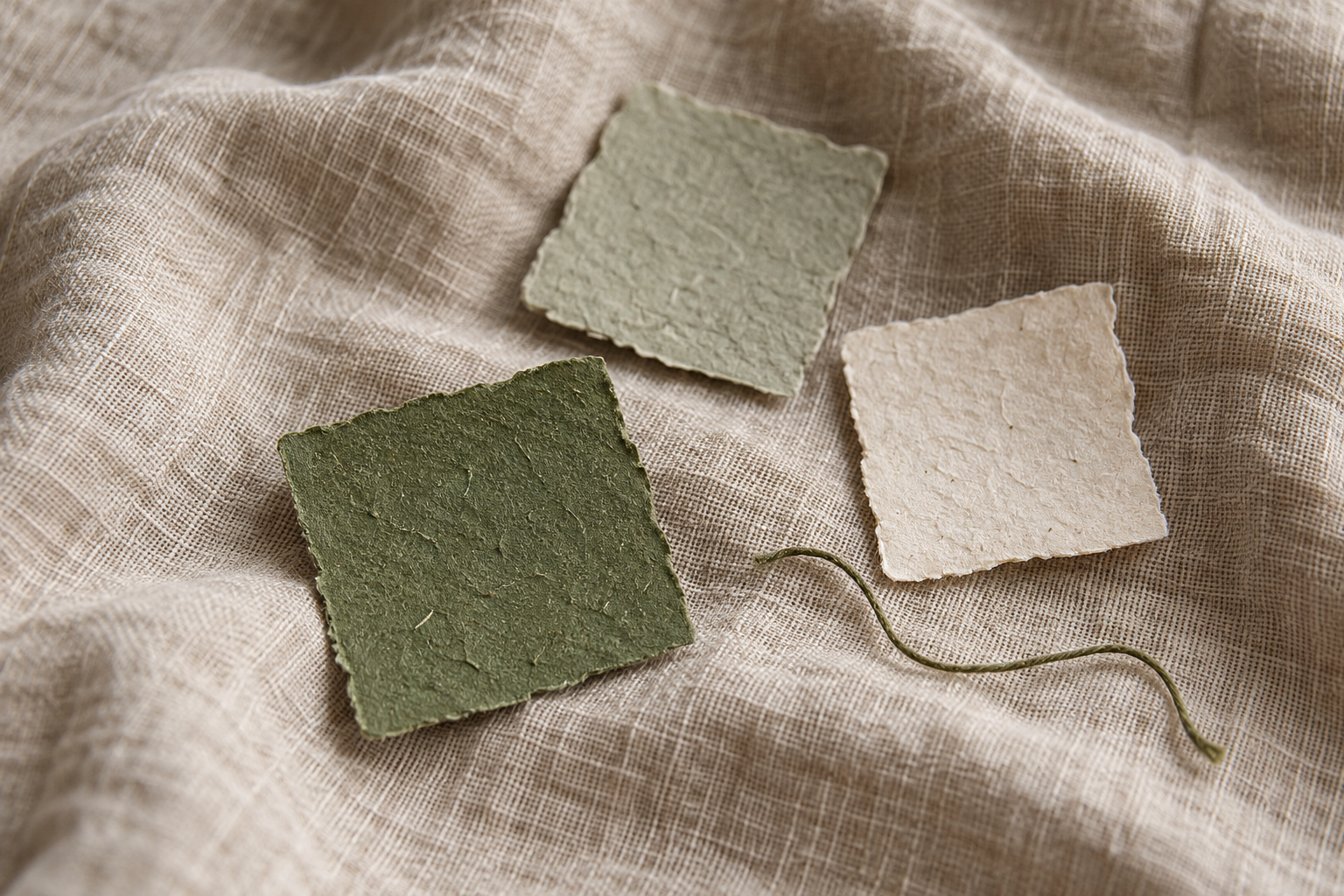 Three small handmade paper squares in moss, sage, and cream resting on soft oat-coloured linen.