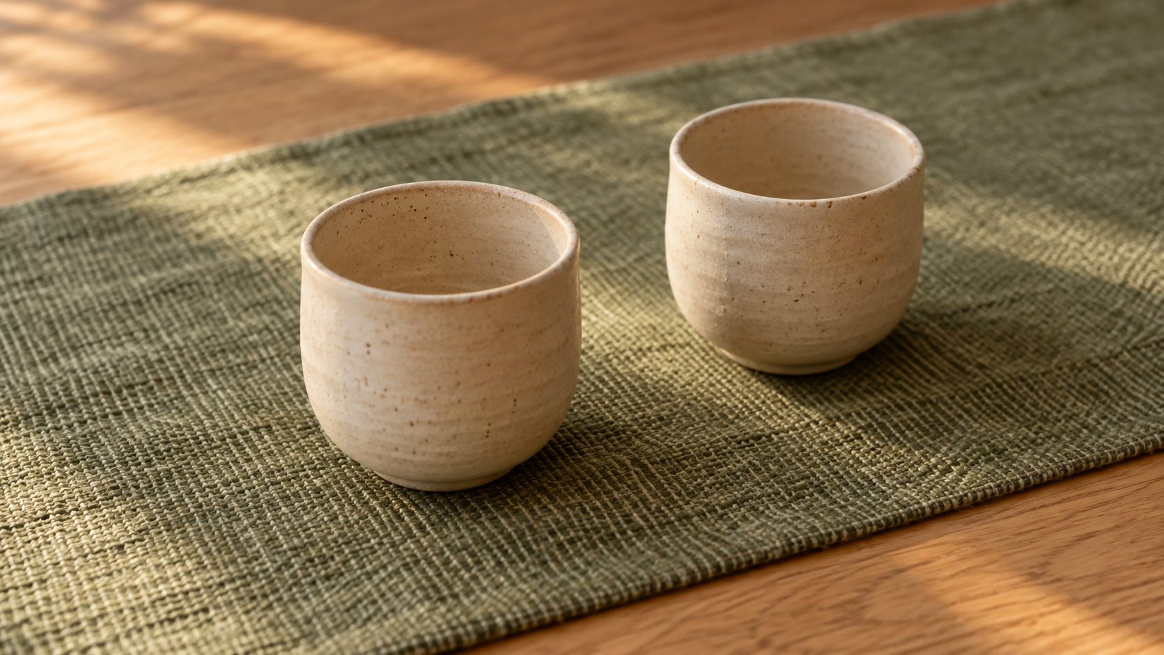 Two small handmade cream ceramic cups resting near each other on a moss-green woven runner.