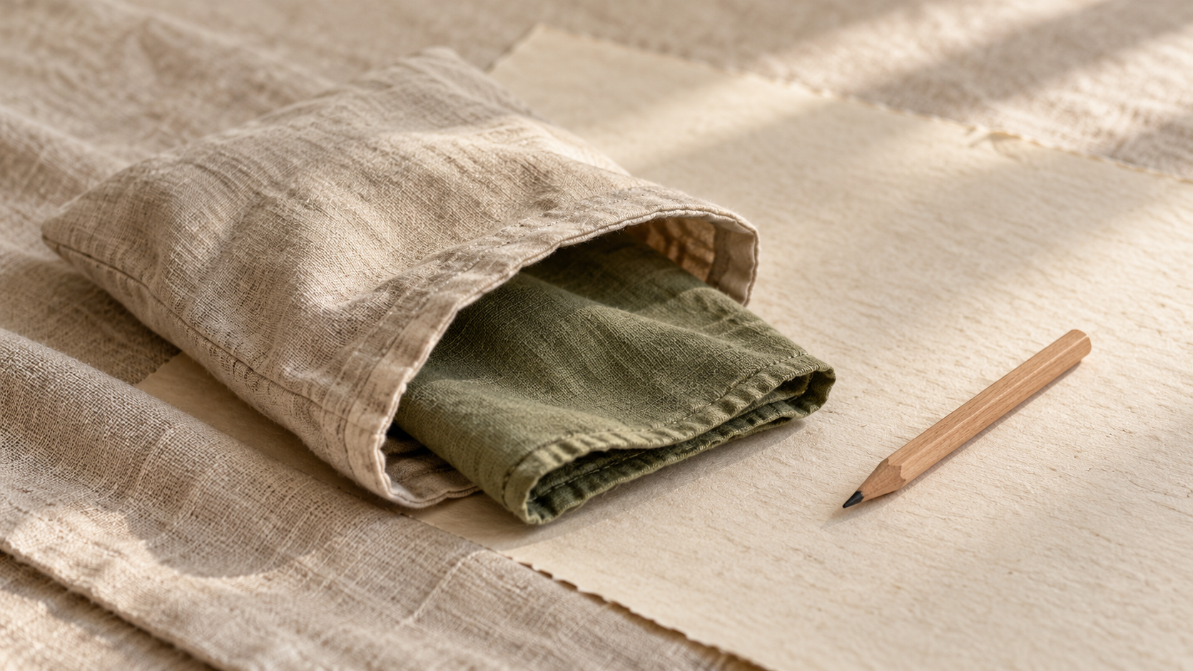 A small unmarked linen pouch, a soft olive cloth square, and a simple wooden pencil resting on a warm cream surface.