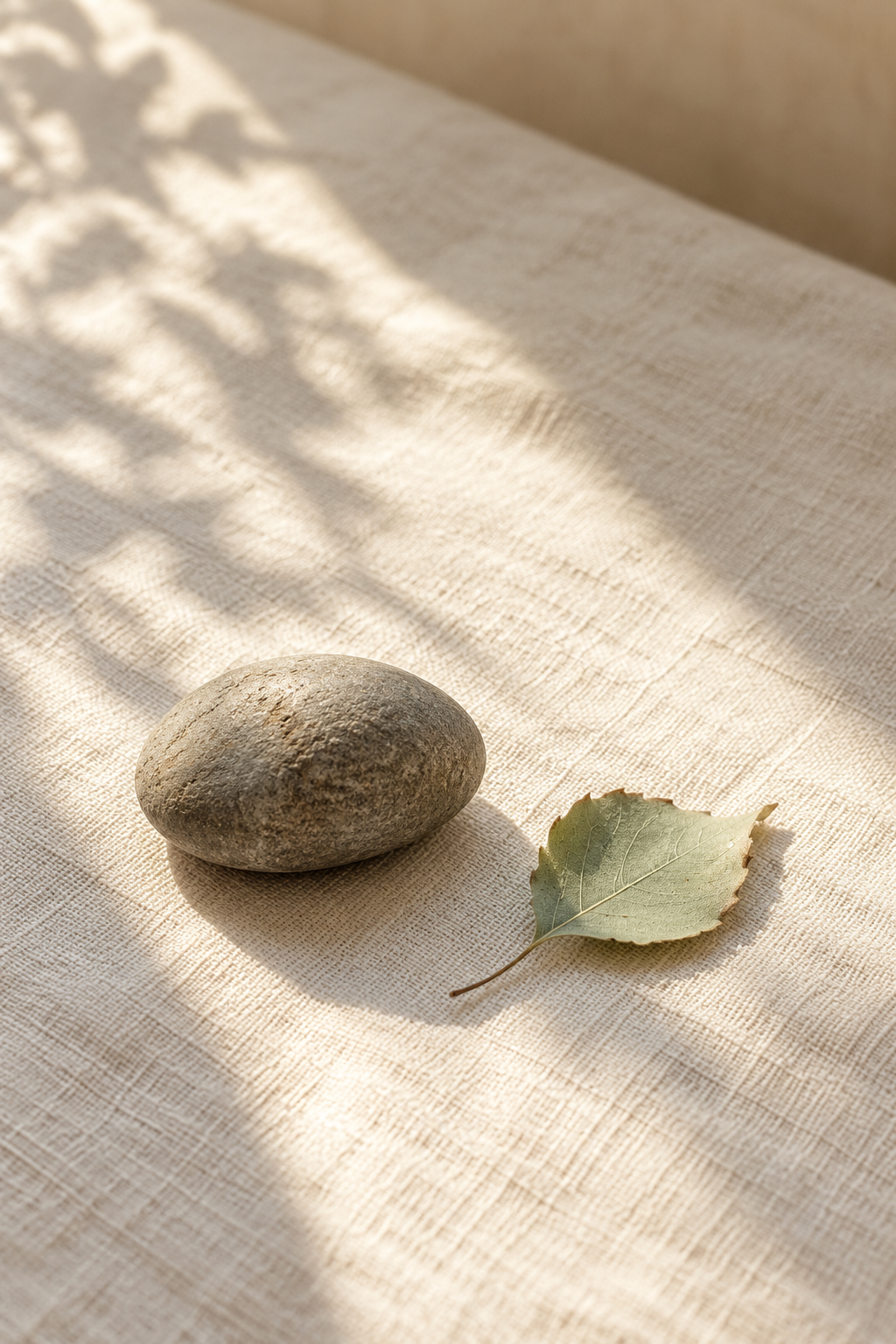 One smooth grey river stone beside a pale green leaf on softly woven cream linen in morning light.
