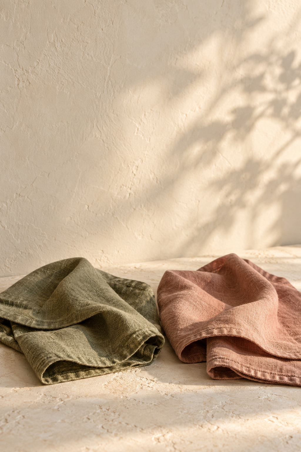 Two loosely folded linen napkins, one muted olive and one soft clay rose, resting side by side on a warm cream surface.